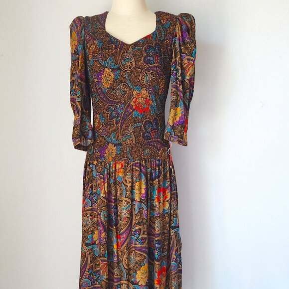 Vintage NWT ACT I New York Floral Paisley Smocked Midi Dress Drop-waist - Picture 1 of 14